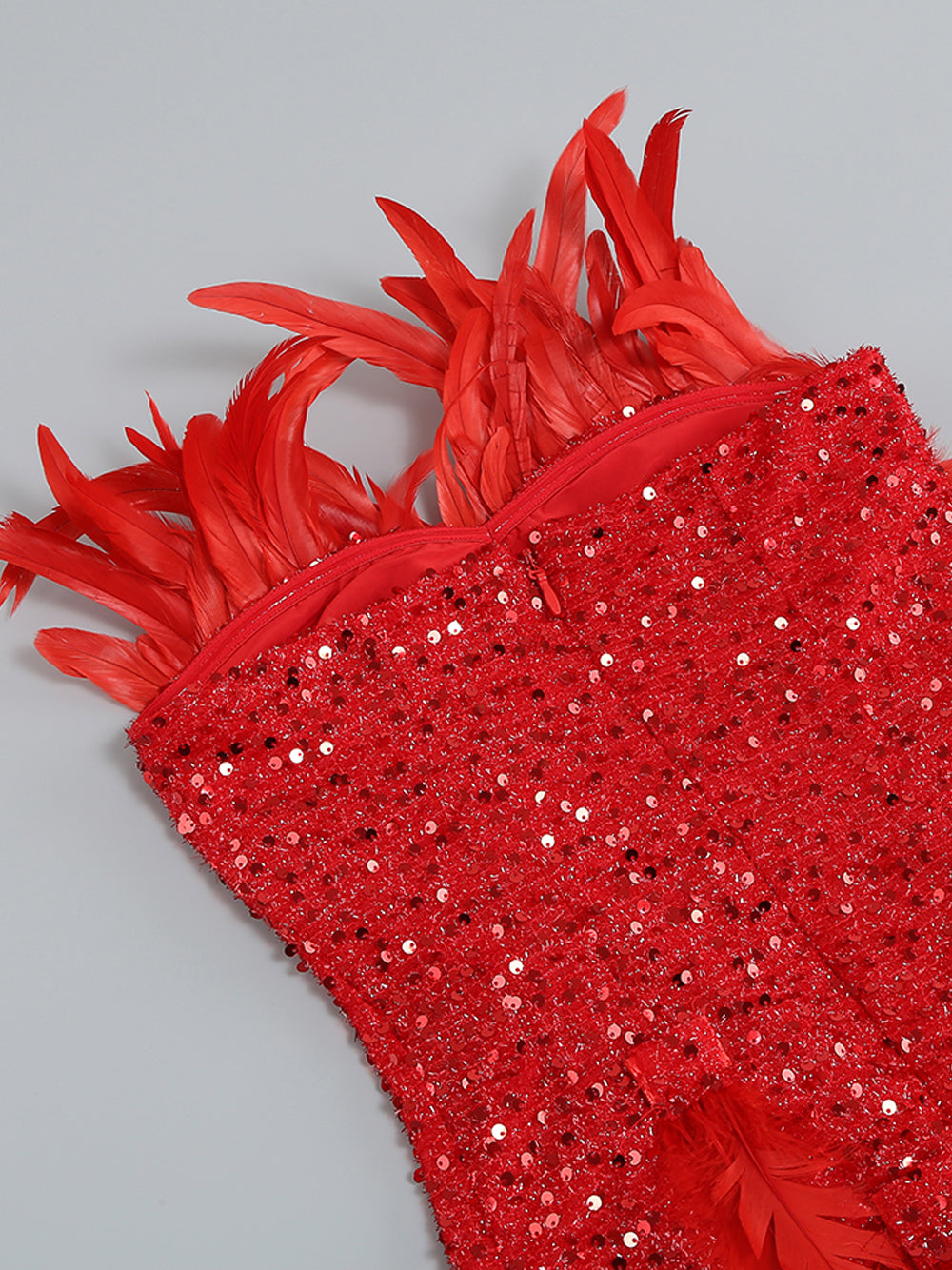 Red Strapless Sequin Feather Trim Bodycon Mini Dress