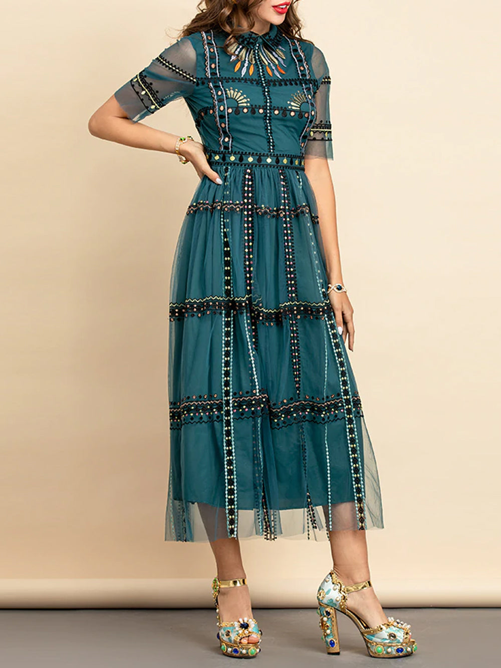 Green Collared Embroidered Sequin Mesh Short Sleeve A-Line Maxi Dress 3