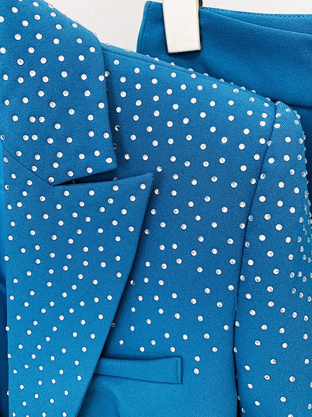 Blue Peak Lapel Rhinestone Embellished Blazer Pants Set 18