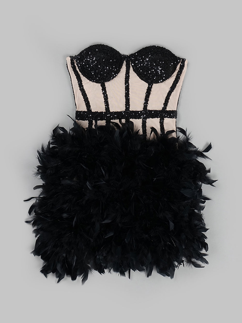 Black Strapless Sweetheart Sequin Corset Feather Hem Bodycon Mini Dress