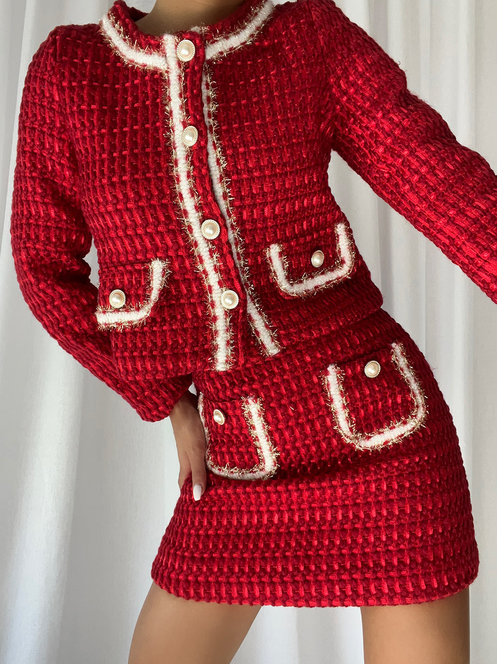 Red Pearl Button Contrast Trim Tweed Jacket and Mini Skirt Set 2