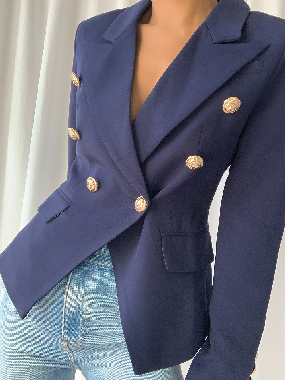 Dark Blue Peaked Lapel Gold Button Double-Breasted Fitted Blazer