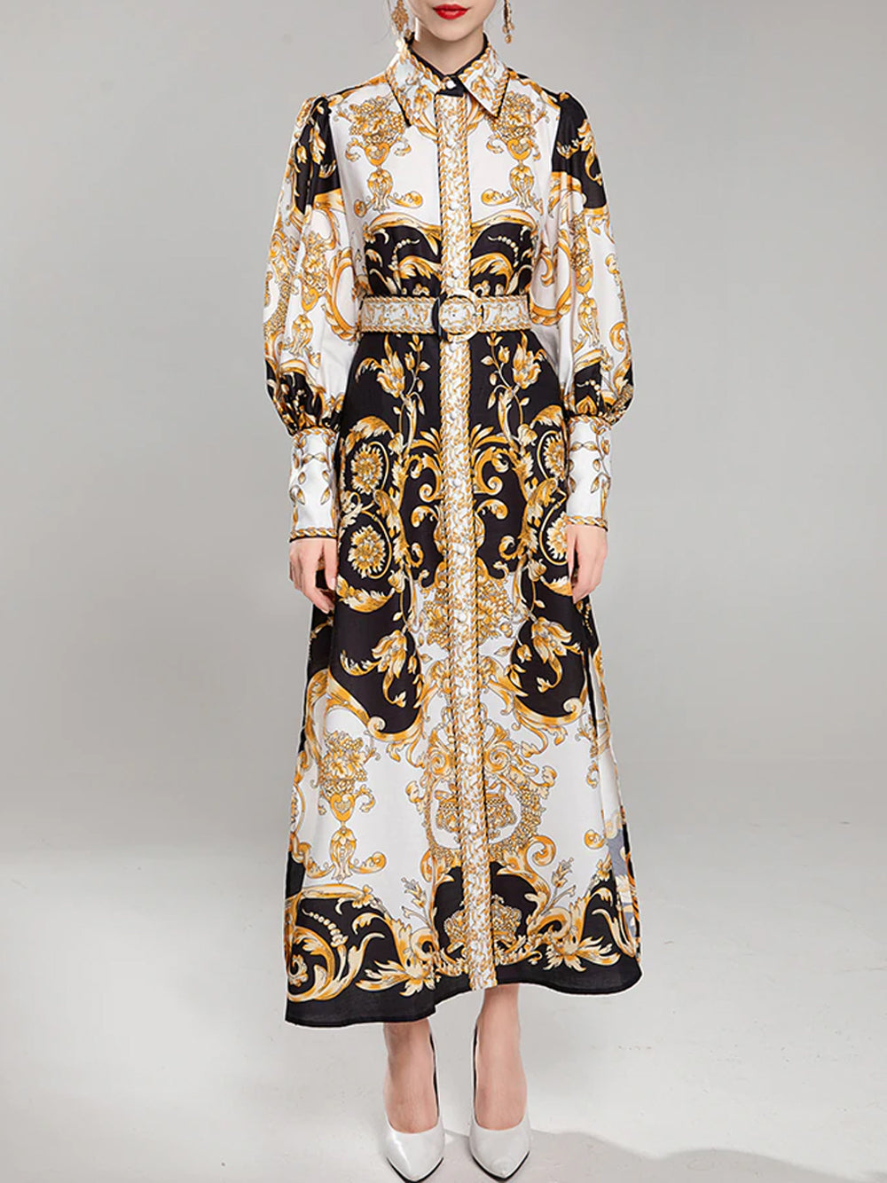 Gold Collared Baroque Print Long Sleeve High Slit Shirt Maxi Dress 6