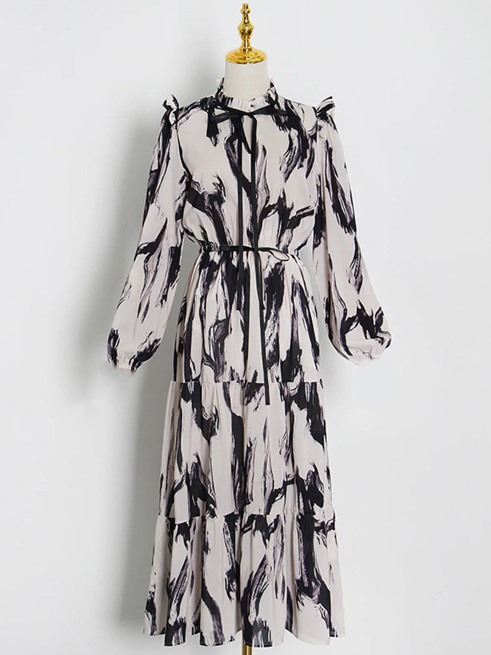 B&w Ruffle High Neck Puff Sleeve Abstract Print Tiered Midi Dress
