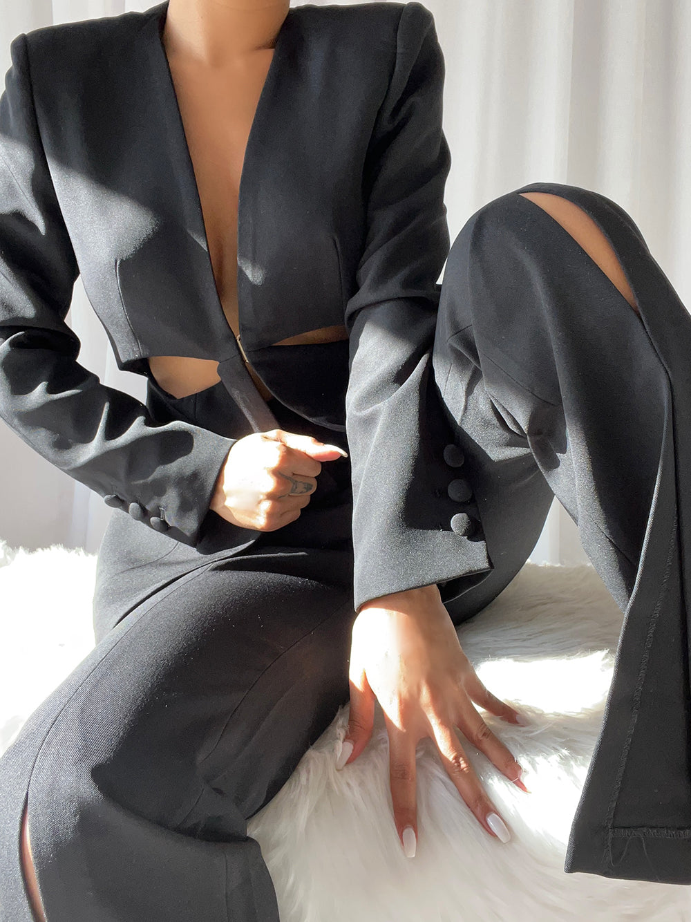 Black Collarless Plunge Cutout Blazer and Split Leg Pants Set