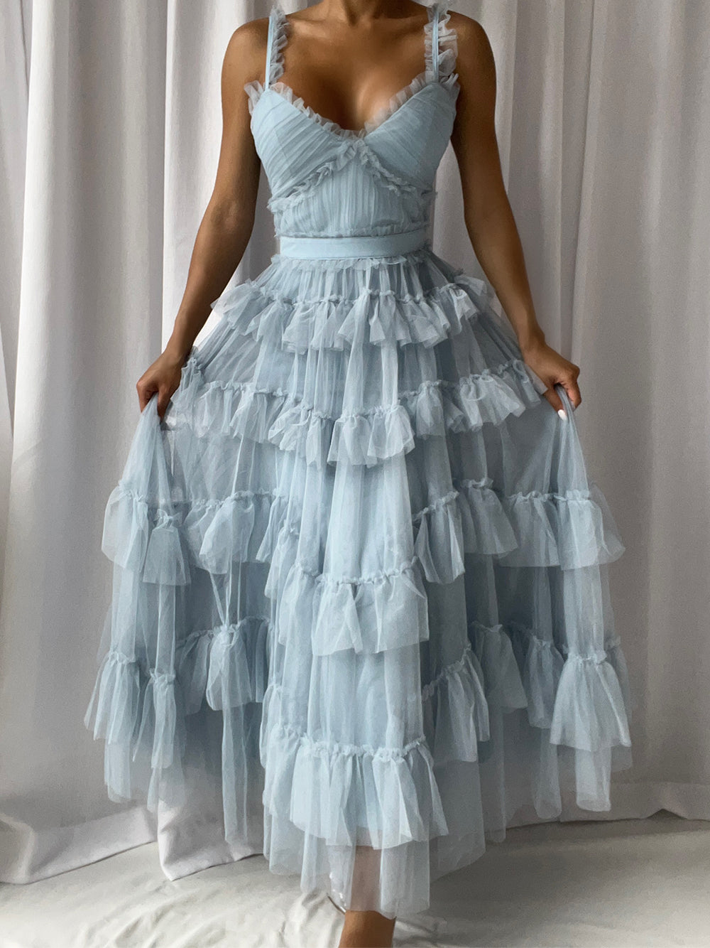 Light Blue Ruffle Strap Sweetheart Layered Tiered Tulle A-Line Maxi Dress