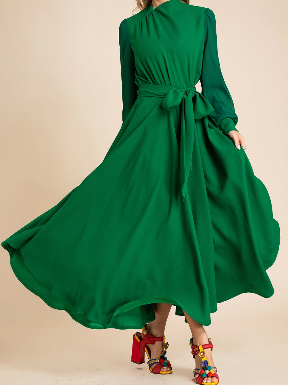 Green Mock Neck Sheer Sleeve Waist Tie A-Line Midi Dress 4