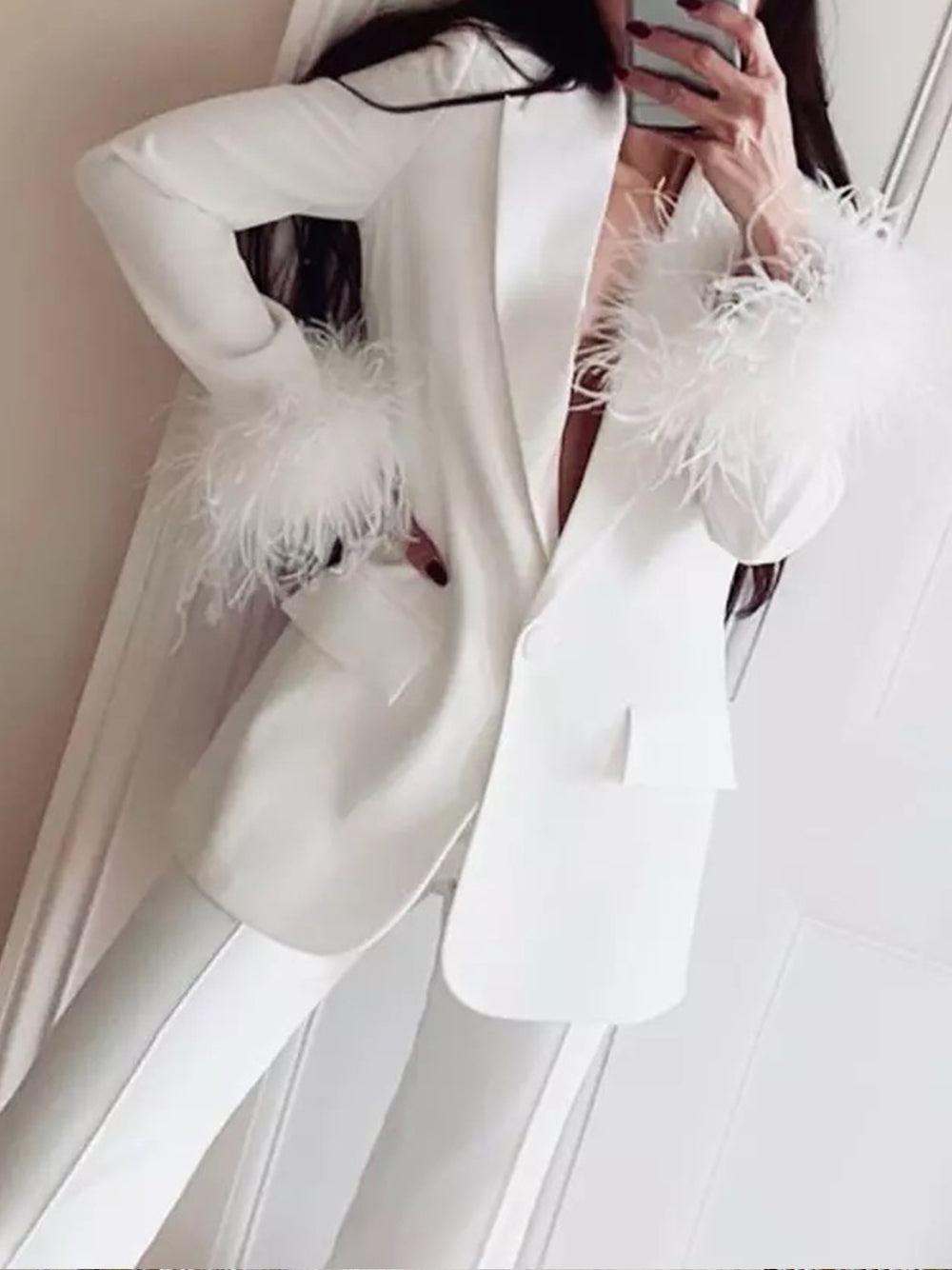 White Feather Trim Peak Lapel Blazer and Pants Set