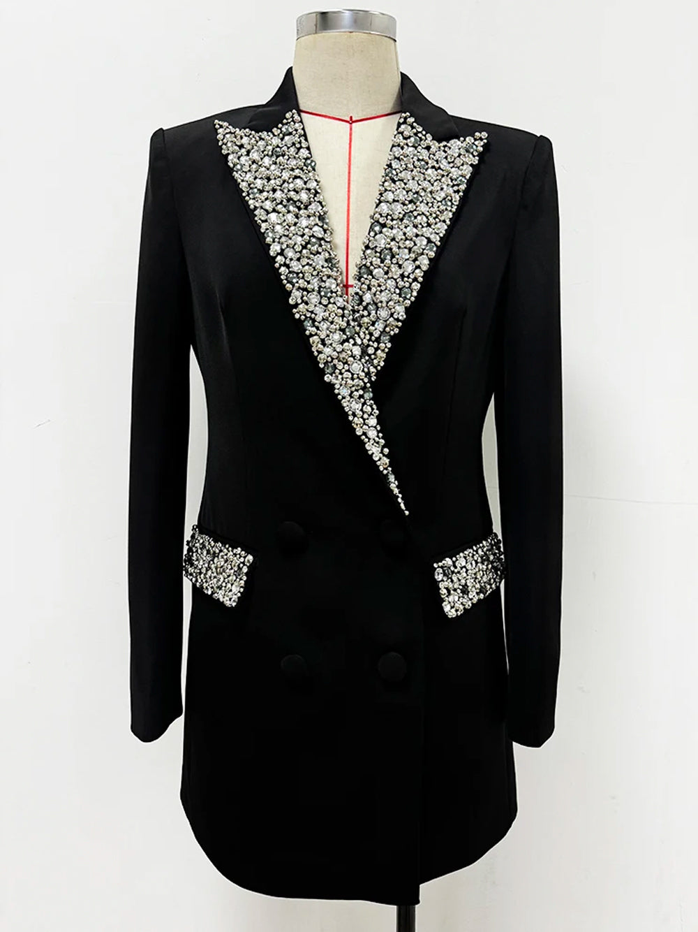 Black Crystal Embellished Lapel Double Breasted Blazer Mini Dress
