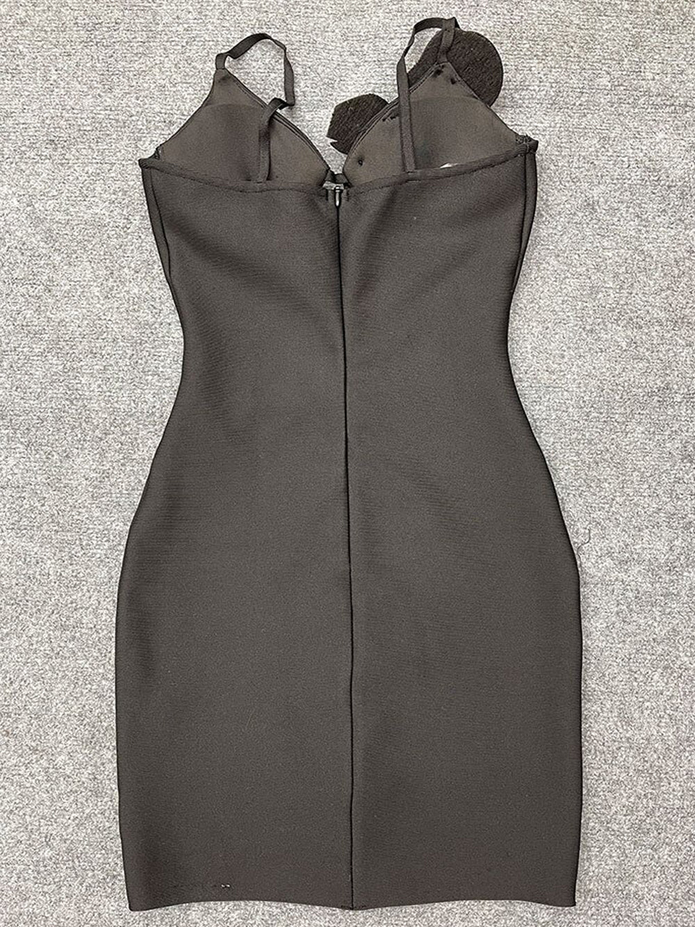 Black Strap Rhinestone Floral Applique Cutout Bodycon Mini Dress