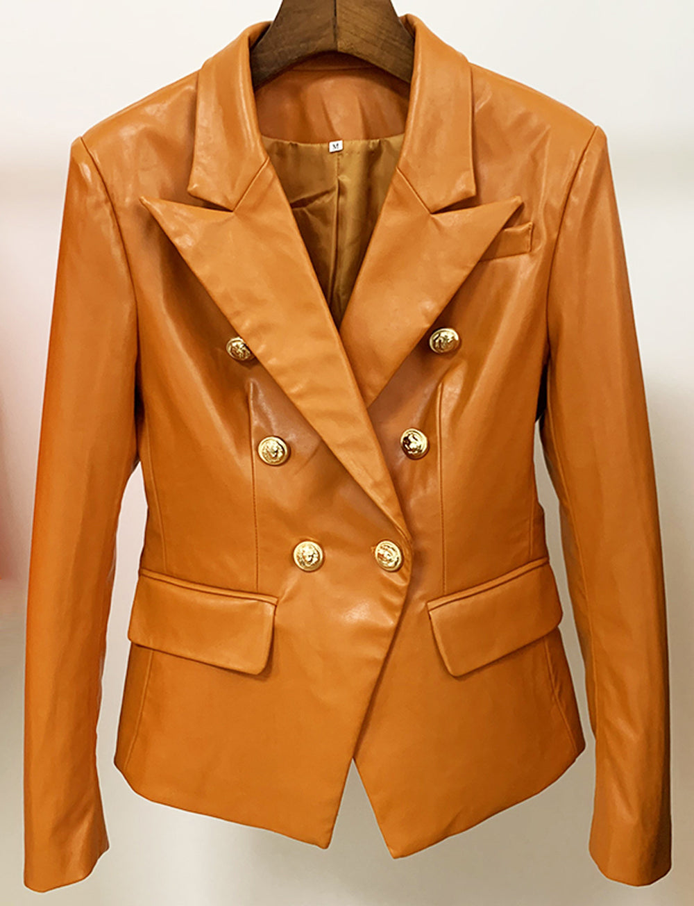 Brown Peak Lapel Double Breasted Gold Button Faux Leather Blazer
