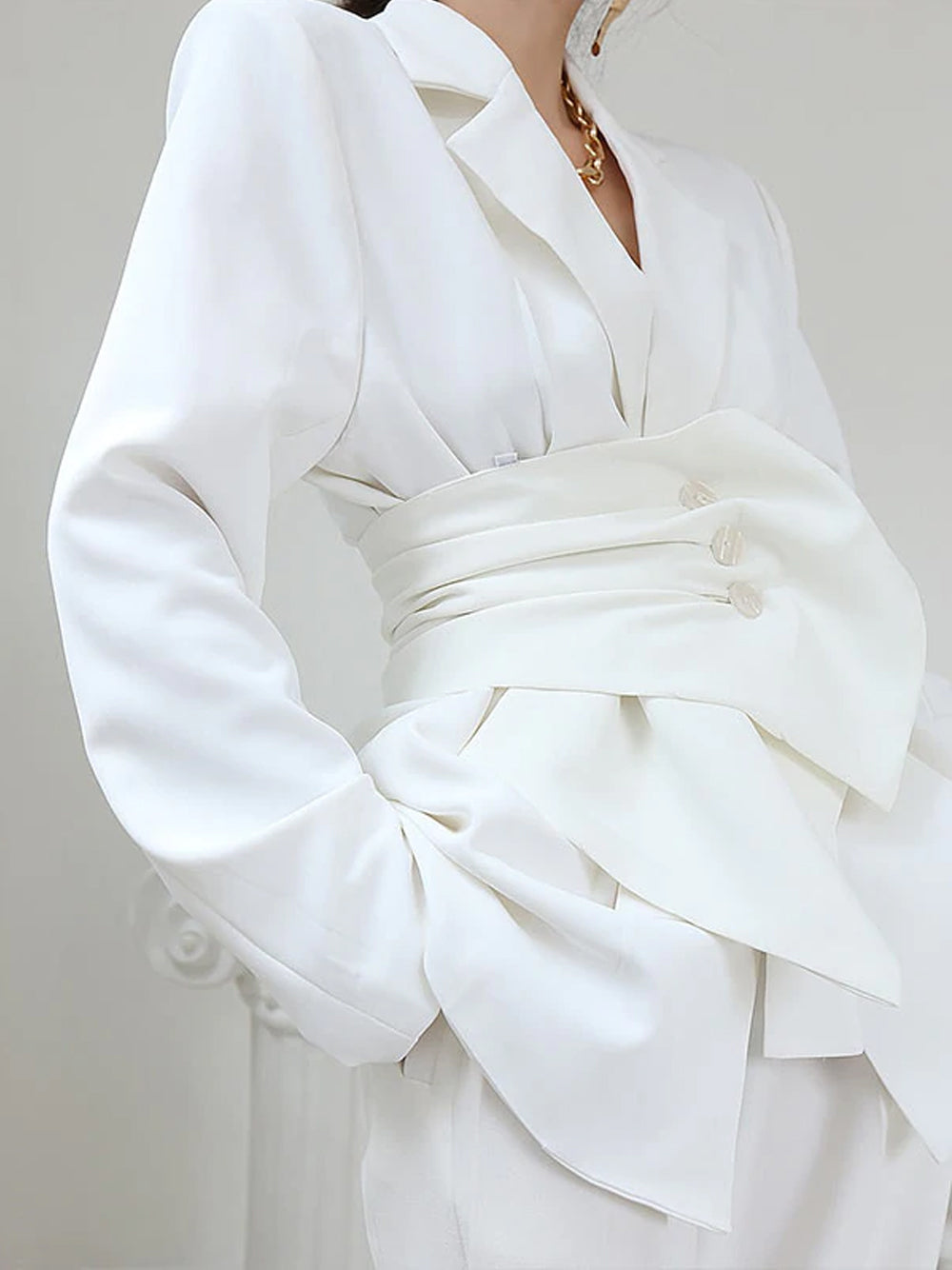 White Notch Lapel Ruched Corset Belt Long Sleeve Blazer 2