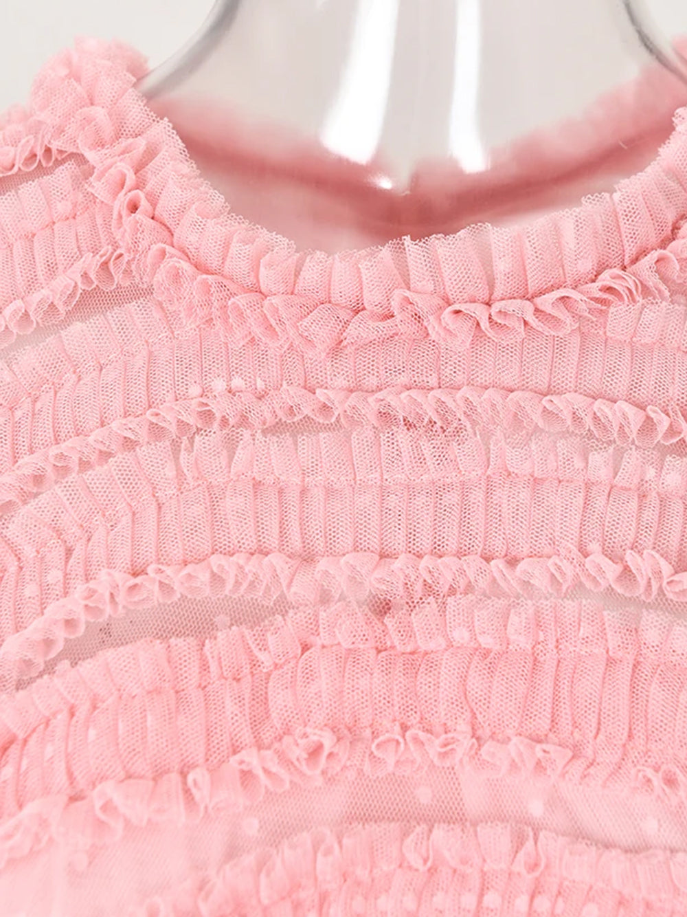 Pink Round Neck Short Sleeve Tiered Ruffle Tulle A-Line Maxi Dress