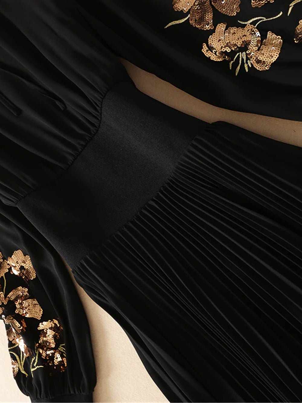 Black Tie Neck Floral Embroidered Sleeve Pleated Handkerchief Hem Maxi Dress 9