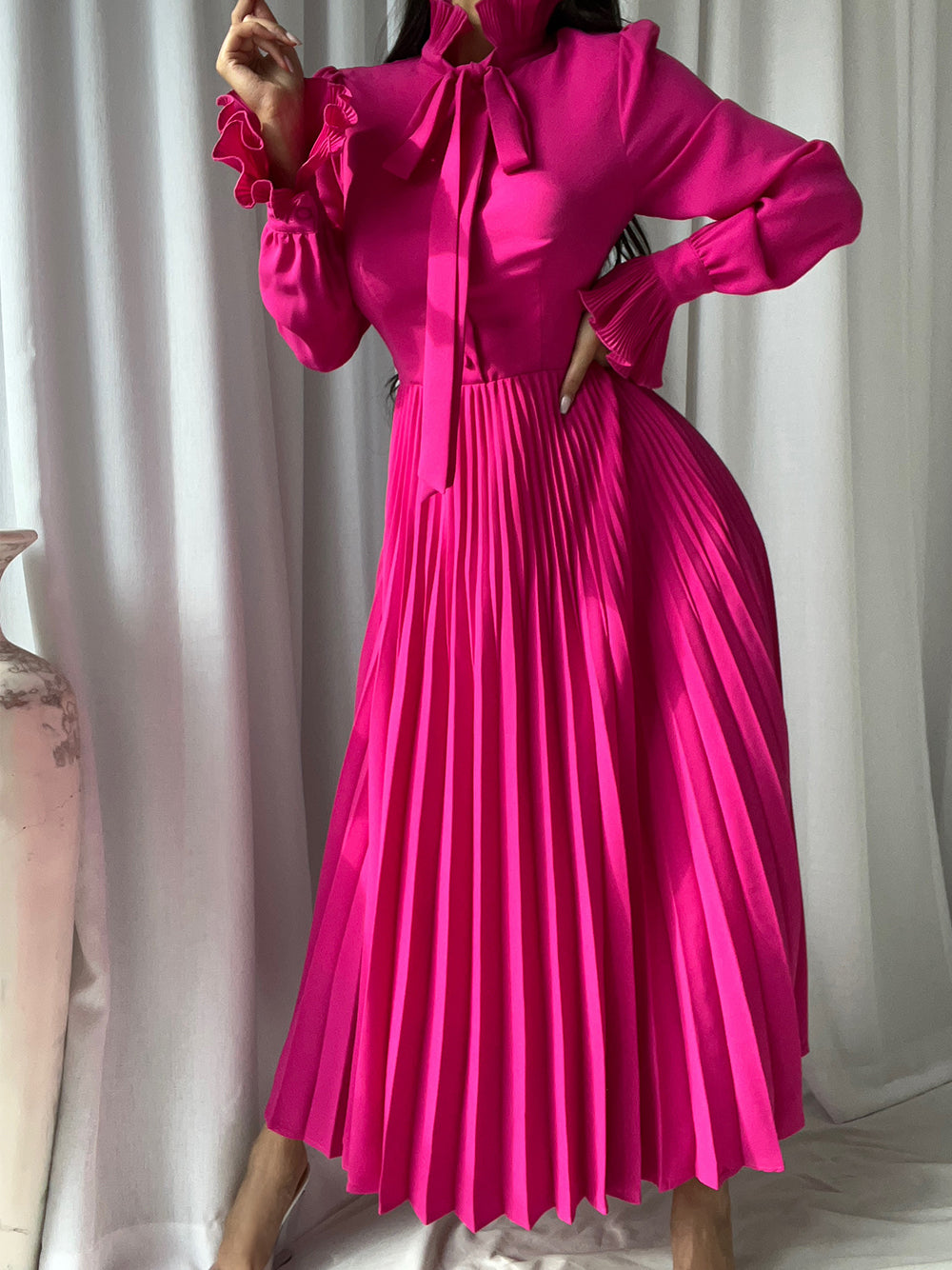 Fuchsia Tie Neck Bow Ruffle Sleeve Pleated A-Line Maxi Dress