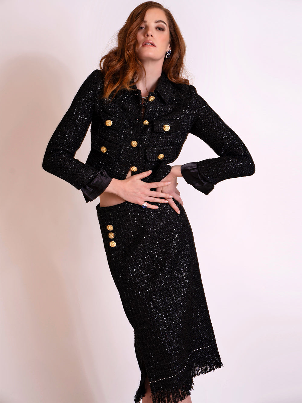 Black Bow Brooch Gold Button Tweed Jacket and Fringe Skirt Set 12