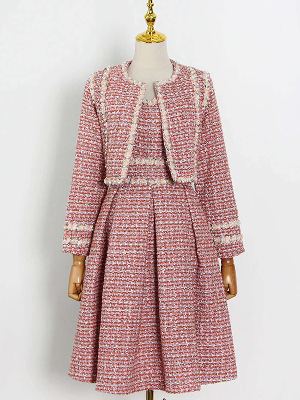 Pink Pearl Trim Tweed Jacket Slip Dress Set