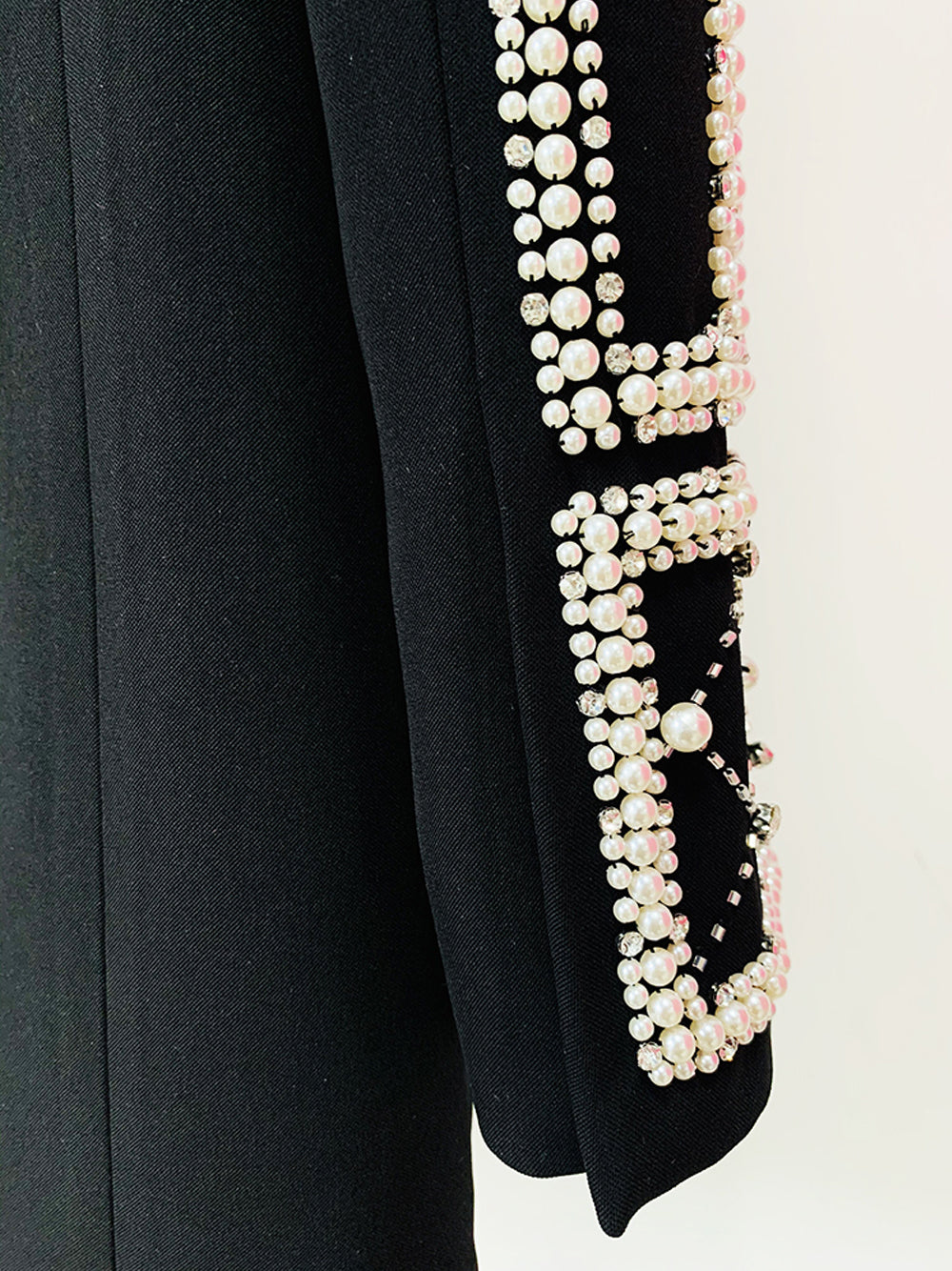 Black Shawl Lapel Pearl Beaded Rhinestone Long Sleeve Blazer Mini Dress