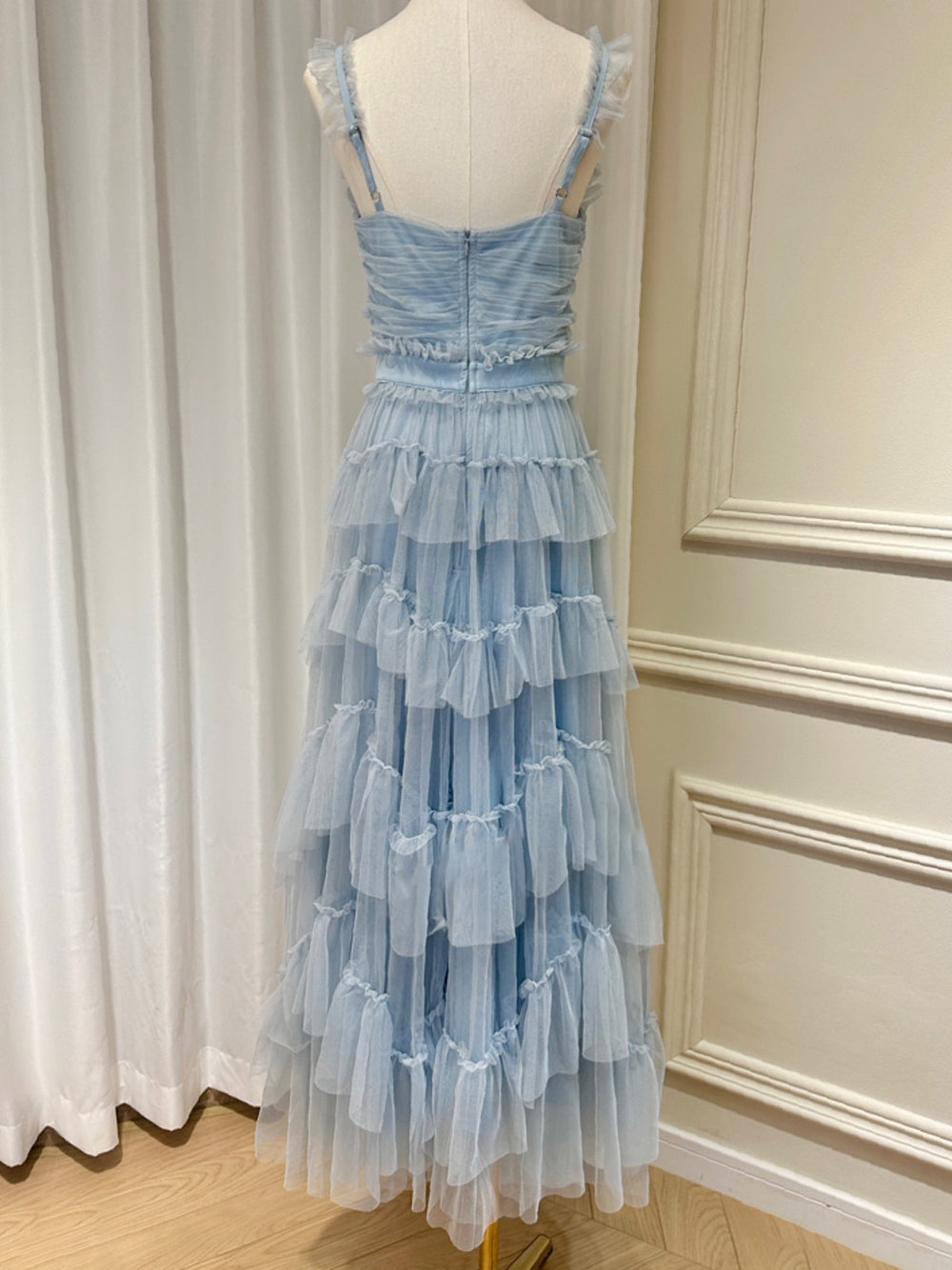 Light Blue Ruffle Strap Sweetheart Layered Tiered Tulle A-Line Maxi Dress