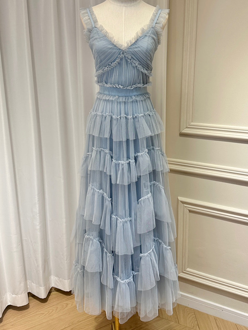 Light Blue Ruffle Strap Sweetheart Layered Tiered Tulle A-Line Maxi Dress