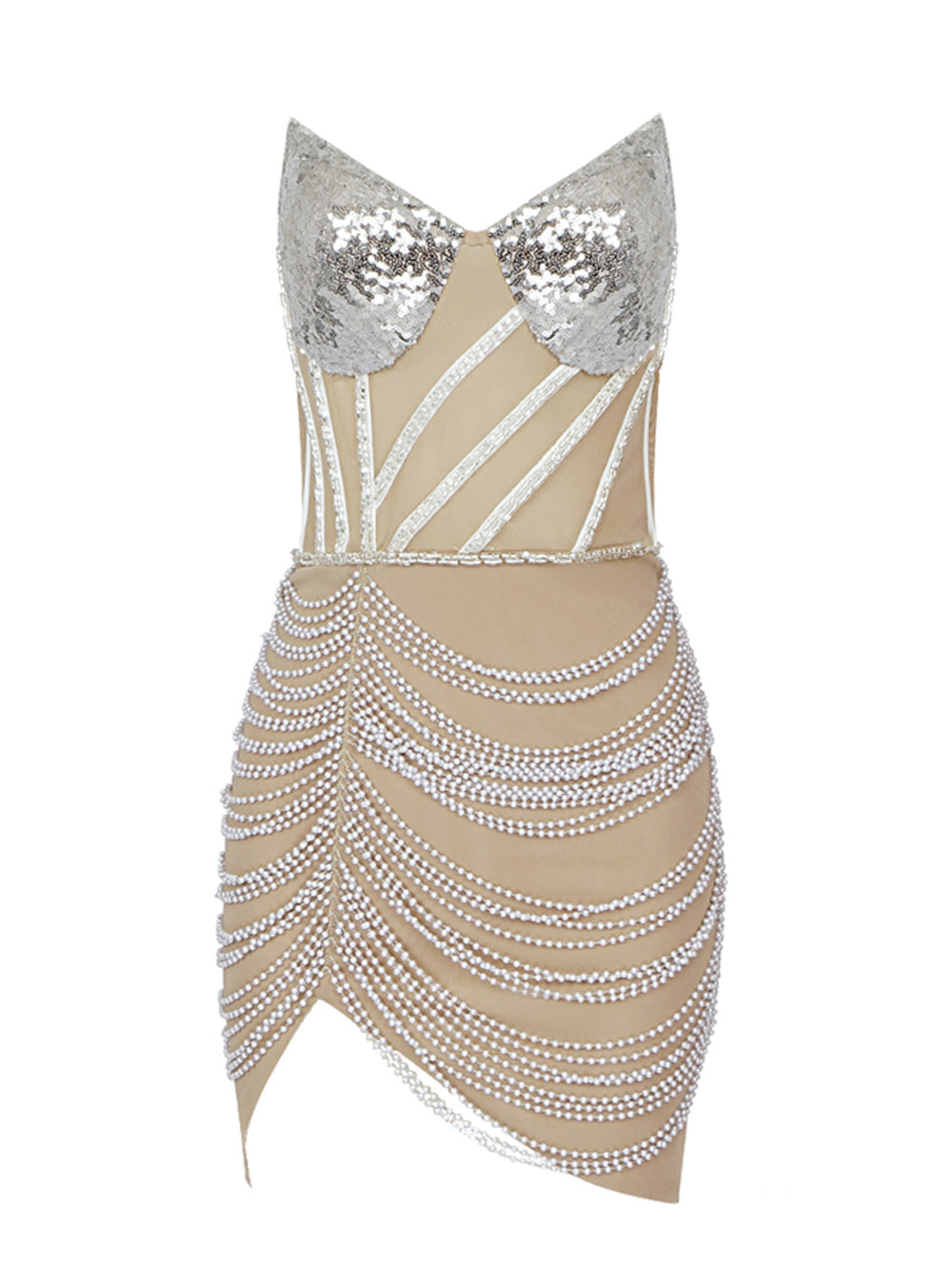 Beige Strapless Sequin Cup Pearl Draped Illusion Corset Bodycon Mini Dress