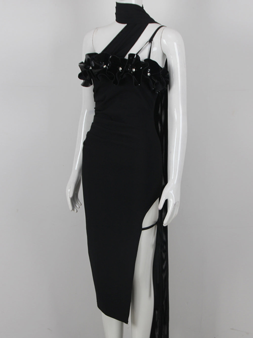 Black One Shoulder Floral Applique Beaded Ruched High Slit Bodycon Midi Dress 11