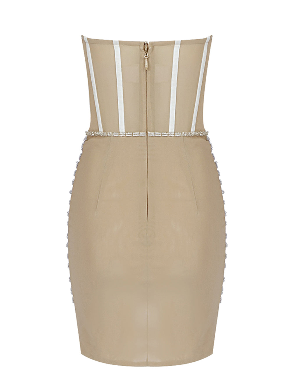 Beige Strapless Sequin Cup Pearl Draped Illusion Corset Bodycon Mini Dress 2