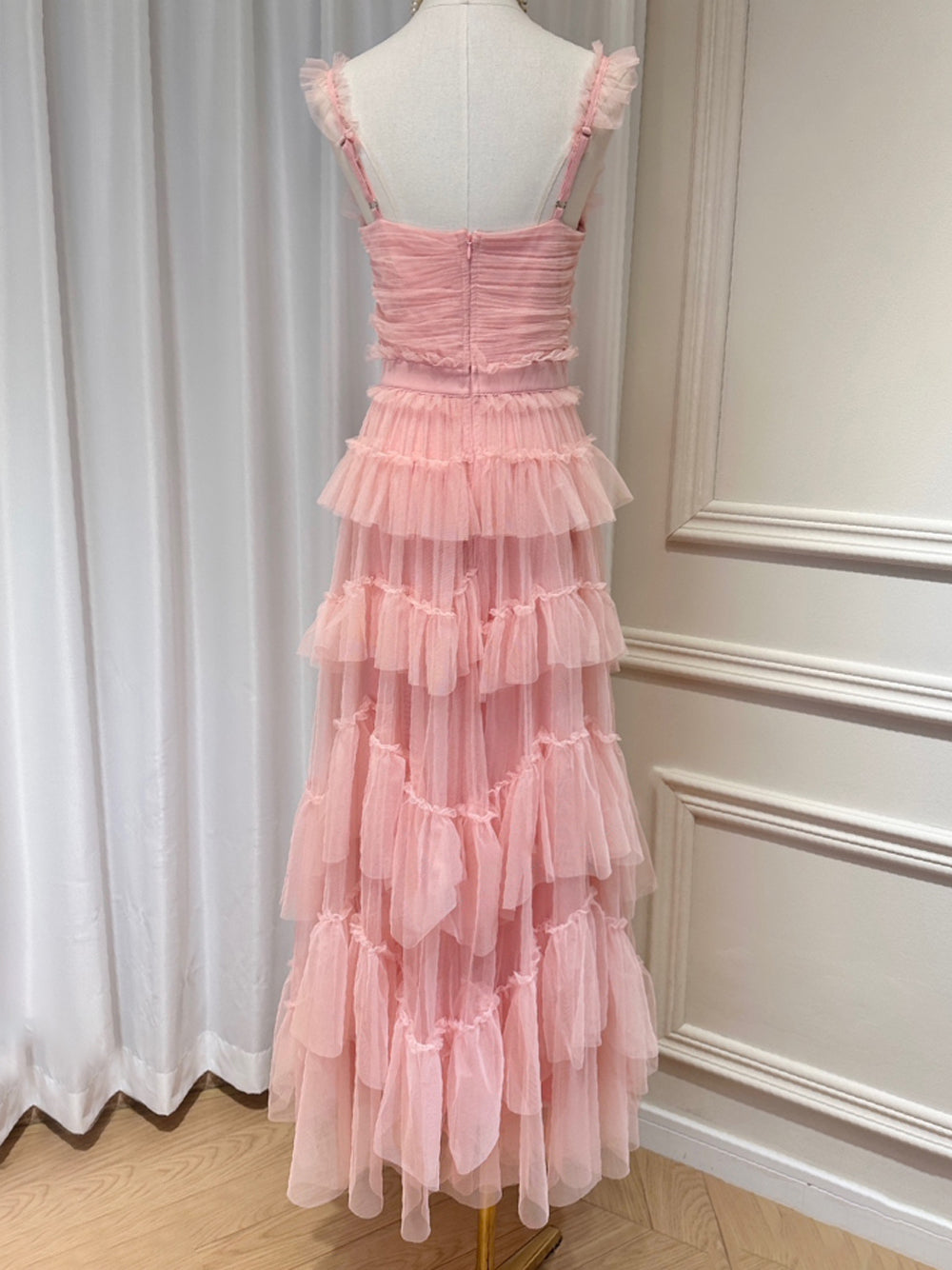 Pink Ruffle Strap Sweetheart Tiered Tulle Fit-and-Flare Maxi Dress 9