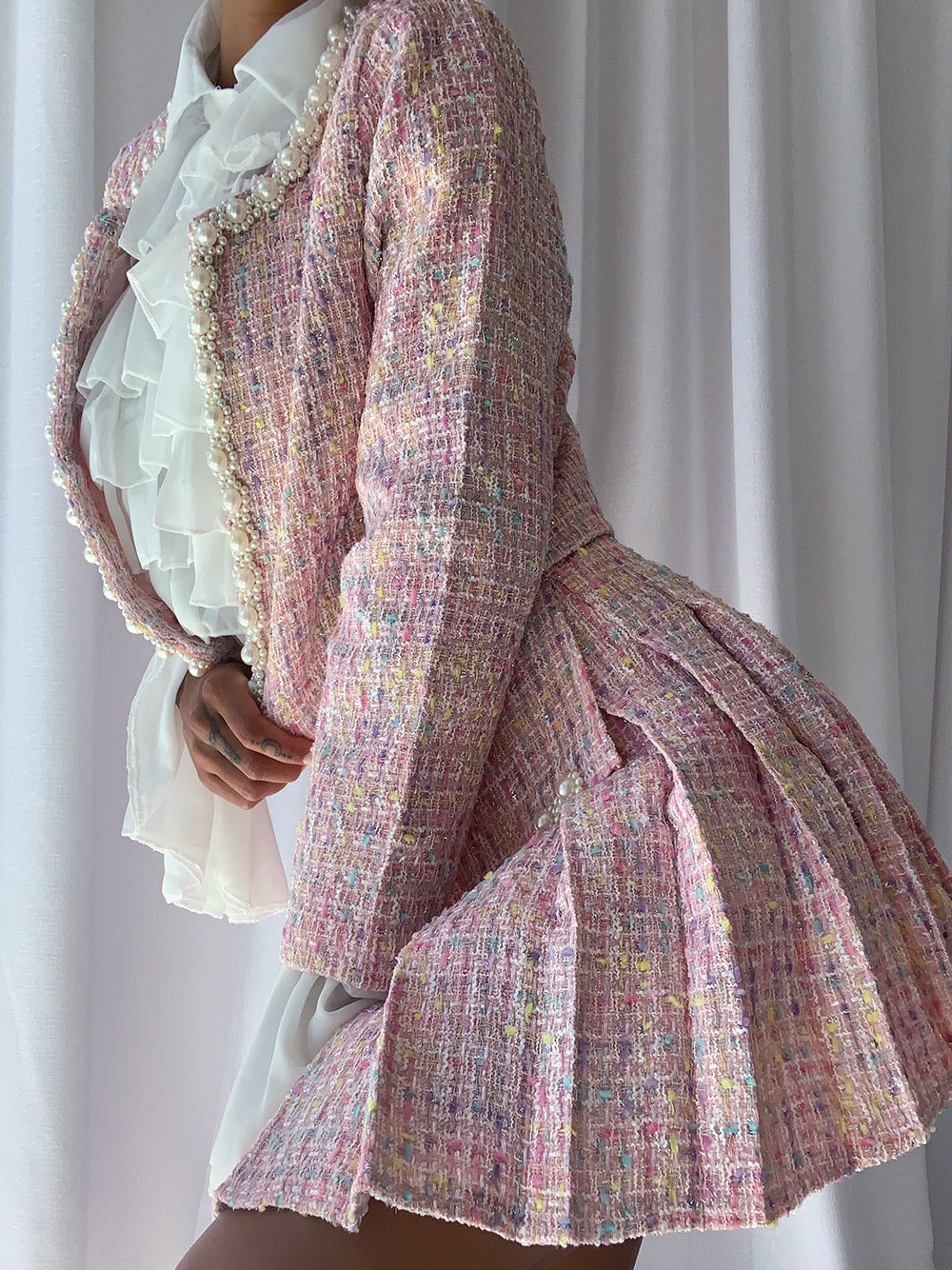 Pink Pearl Trim Tweed Jacket and Pleated Mini Skirt Set