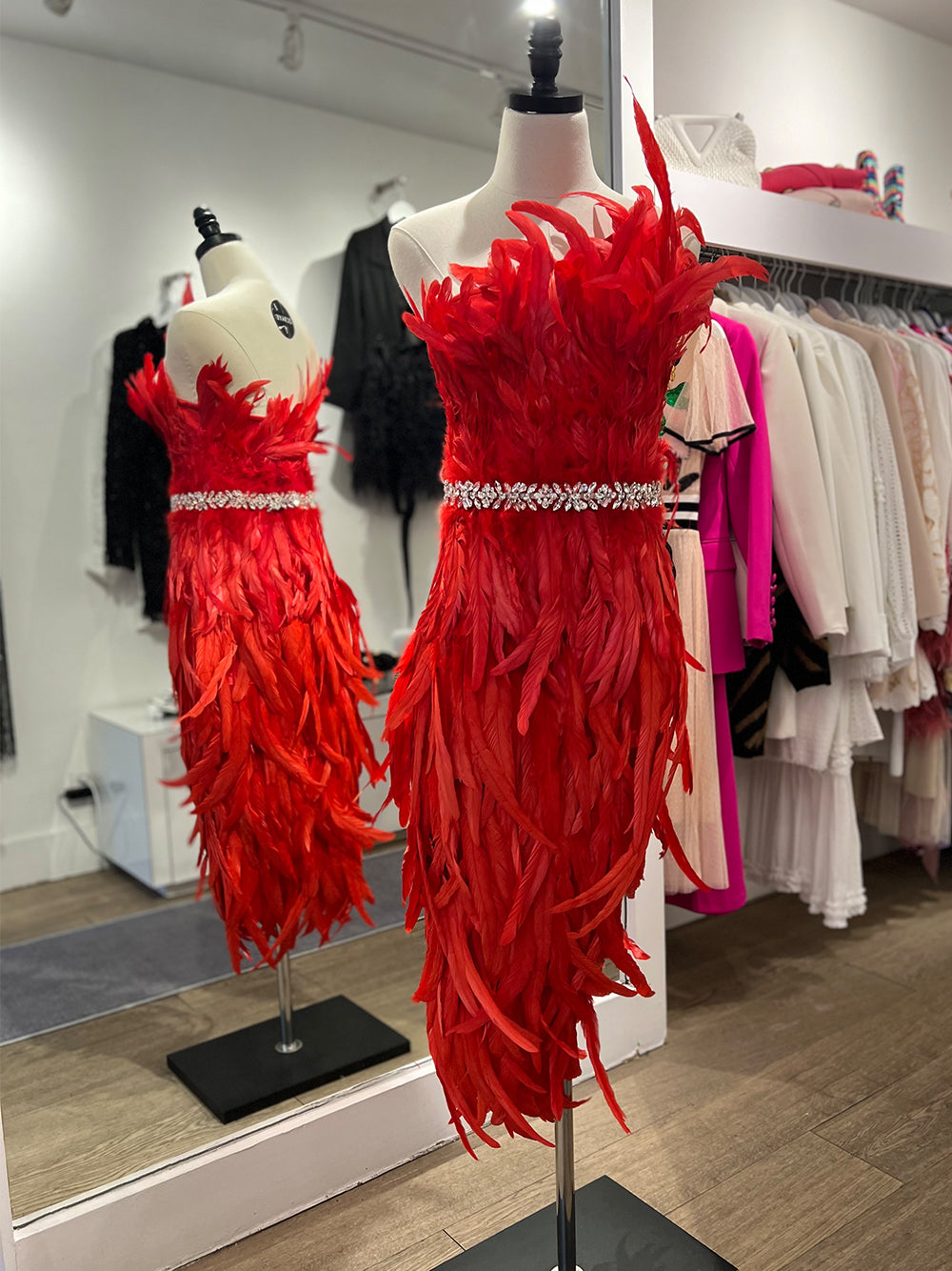 Red Strapless Feather Rhinestone Belt High Slit Bodycon Maxi Dress