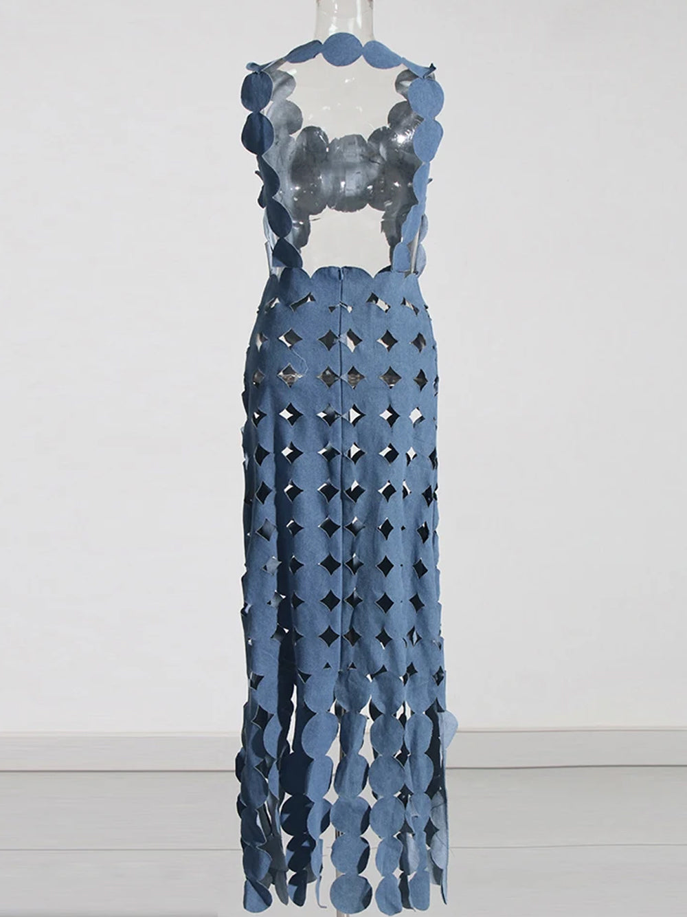 Denim Halter Neck Disc Link Cutout Waist Fringe Bodycon Maxi Dress 8