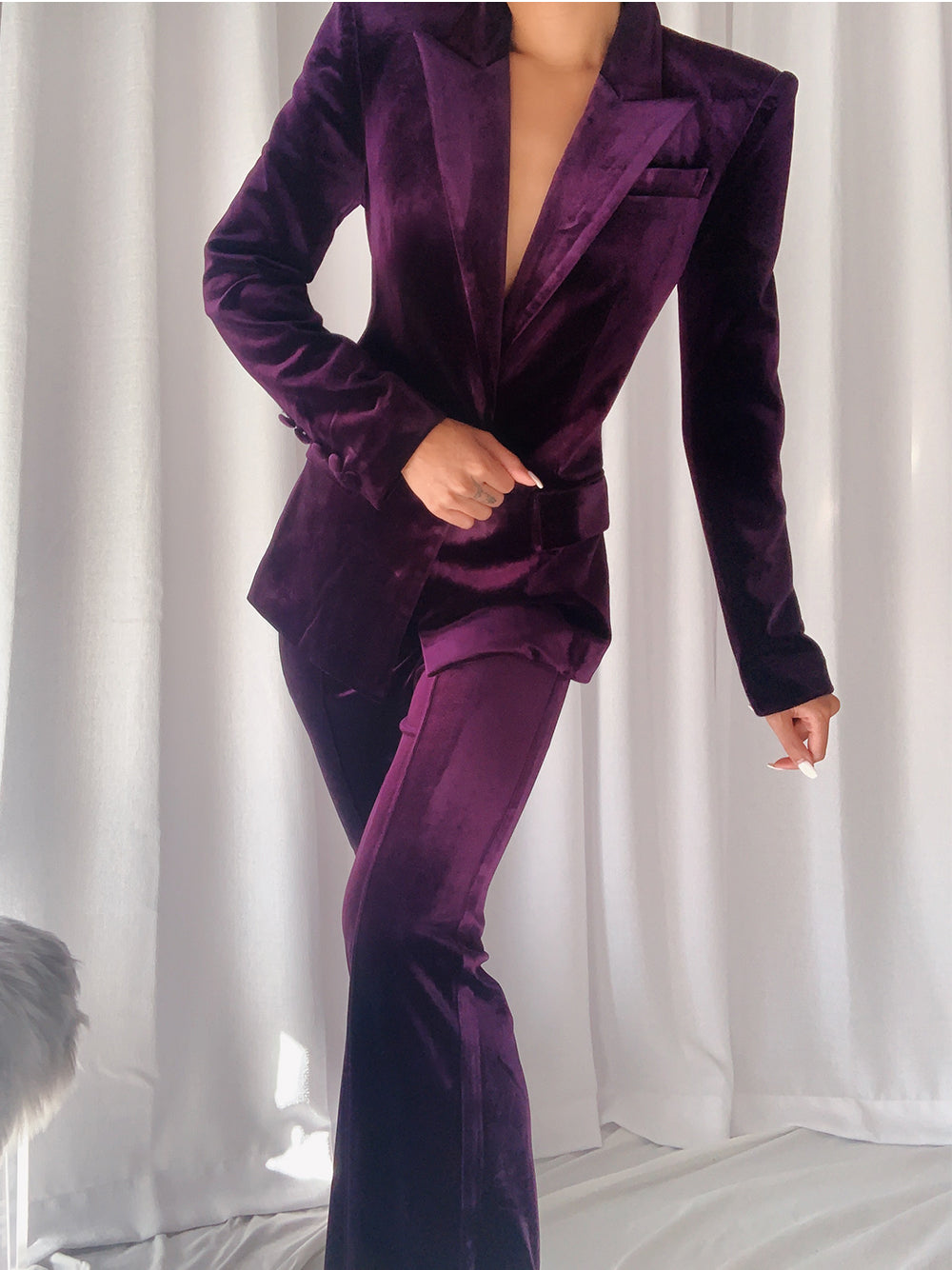 Purple Peak Lapel Velvet Single Button Blazer Pants Set