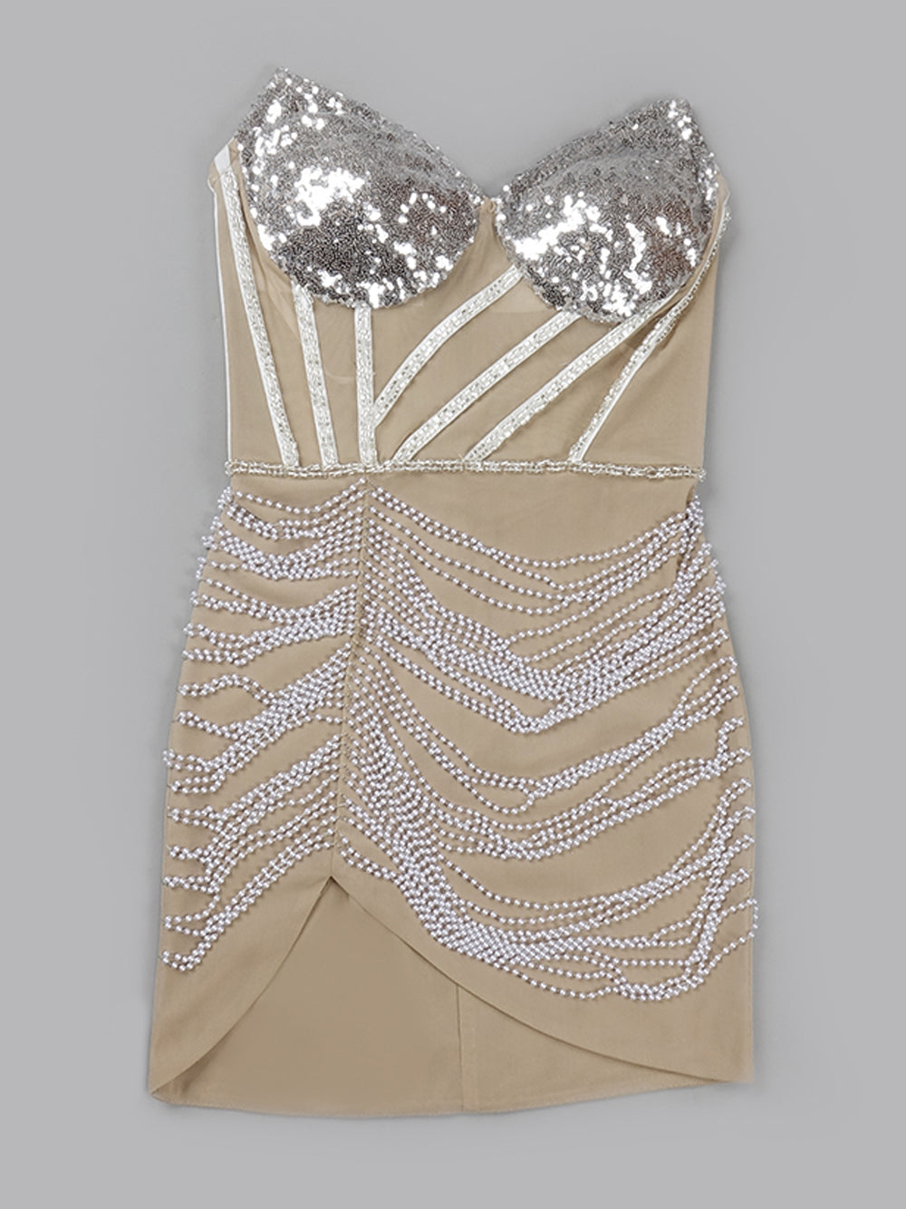 Beige Strapless Sequin Cup Pearl Draped Illusion Corset Bodycon Mini Dress 5