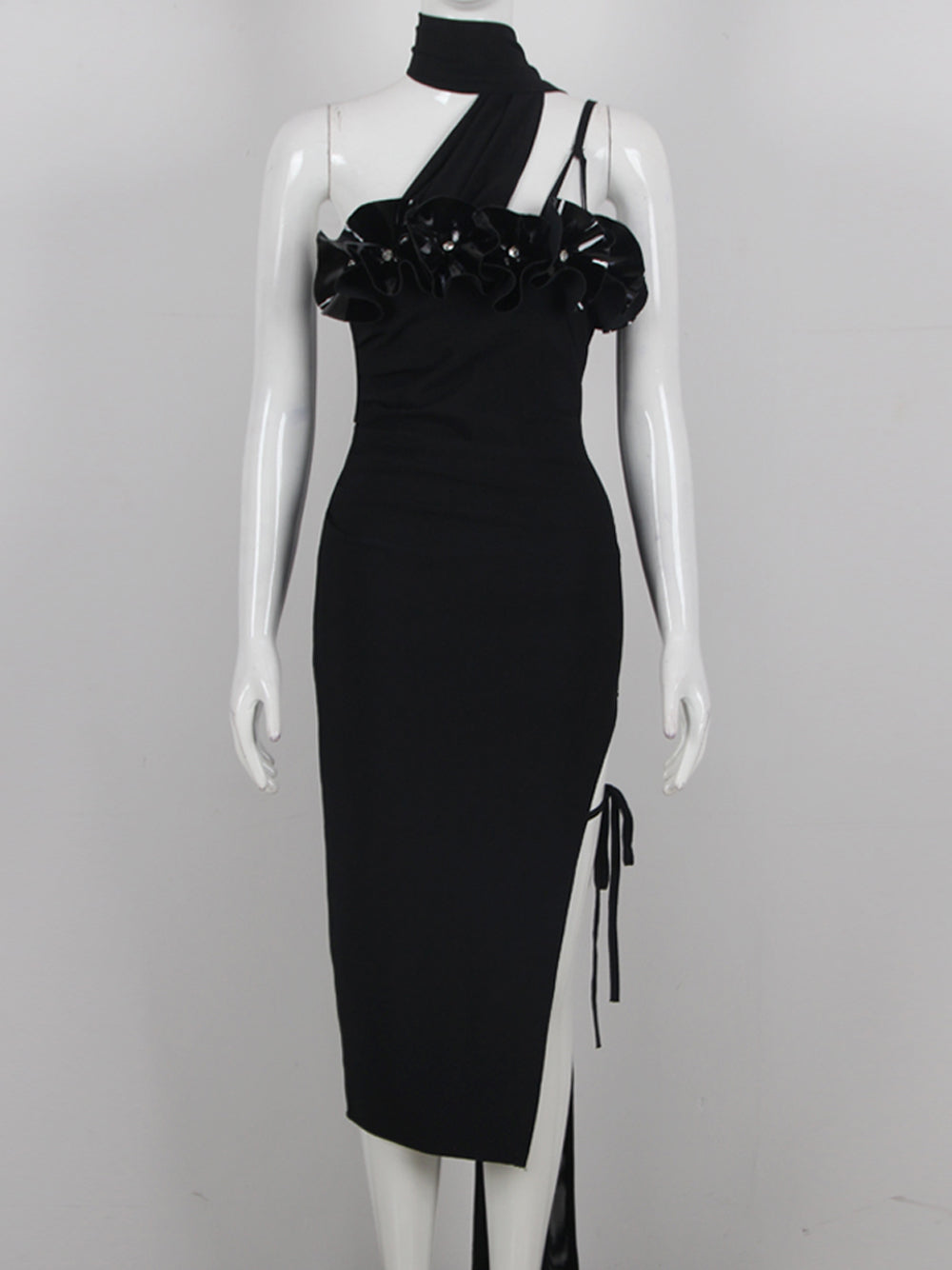 Black One Shoulder Floral Applique Beaded Ruched High Slit Bodycon Midi Dress 9