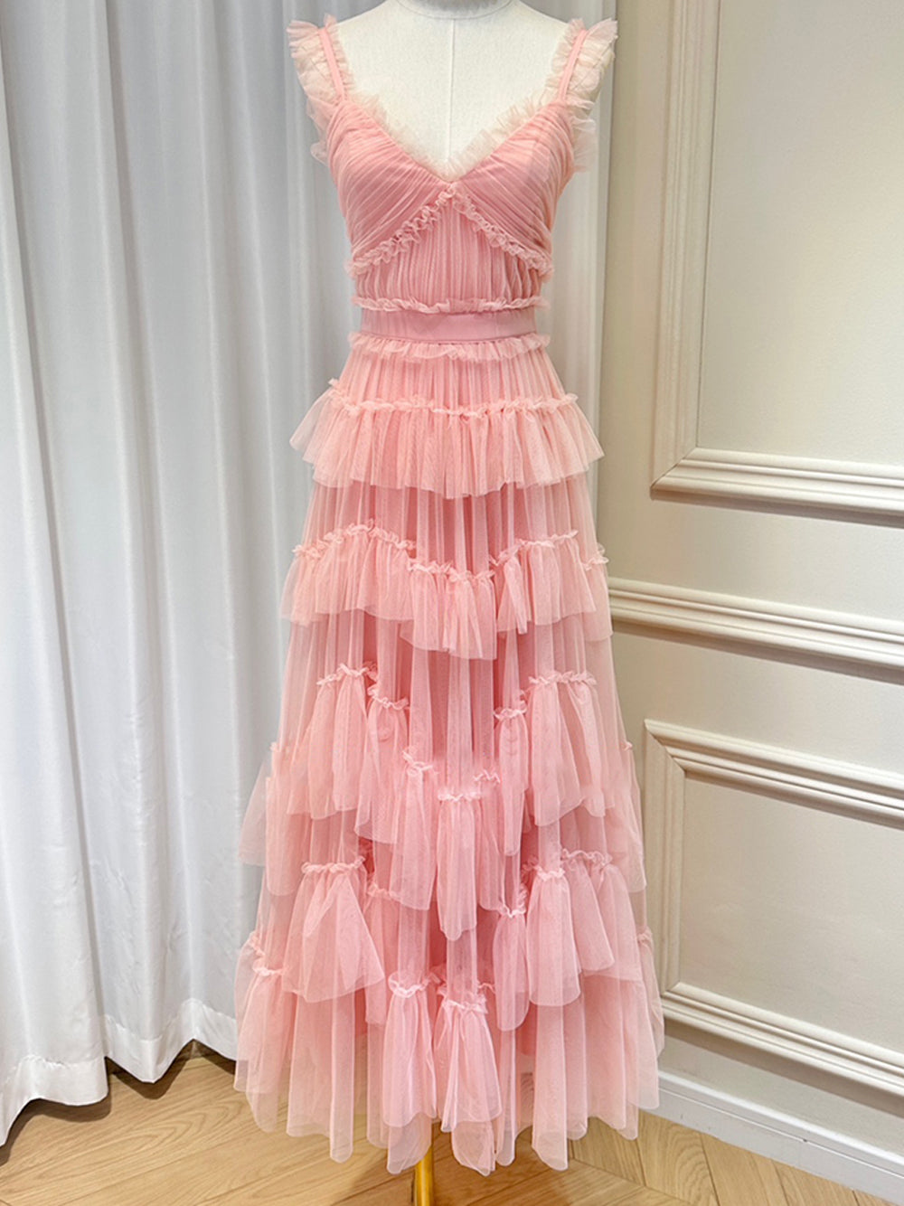 Pink Ruffle Strap Sweetheart Tiered Tulle Fit-and-Flare Maxi Dress 8
