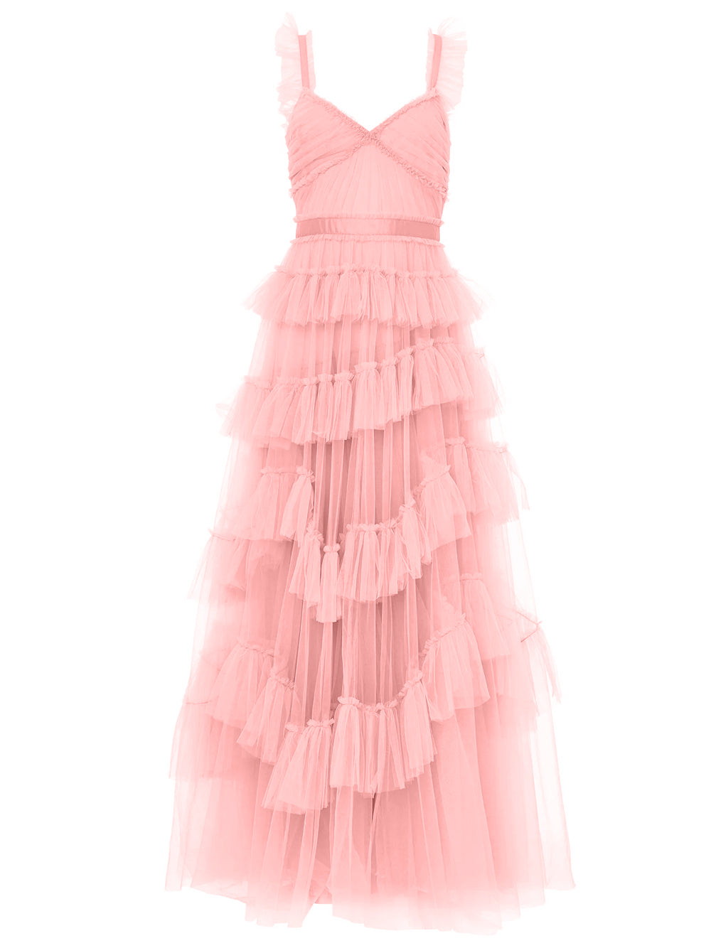 Pink Ruffle Strap Sweetheart Tiered Tulle Fit-and-Flare Maxi Dress 7
