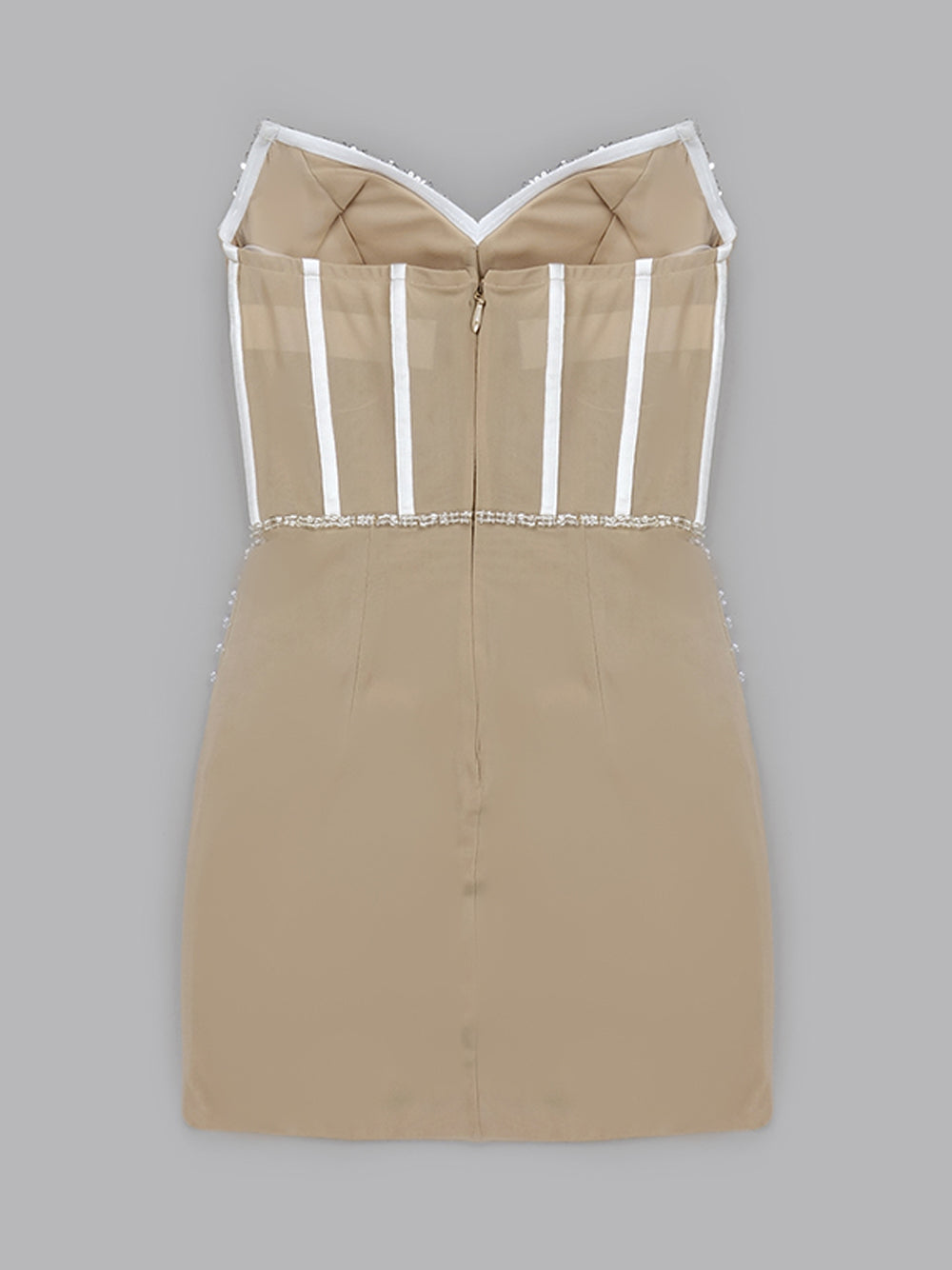 Beige Strapless Sequin Cup Pearl Draped Illusion Corset Bodycon Mini Dress 6