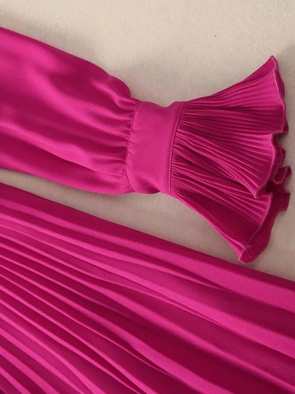 Fuchsia Tie Neck Bow Ruffle Sleeve Pleated A-Line Maxi Dress 8