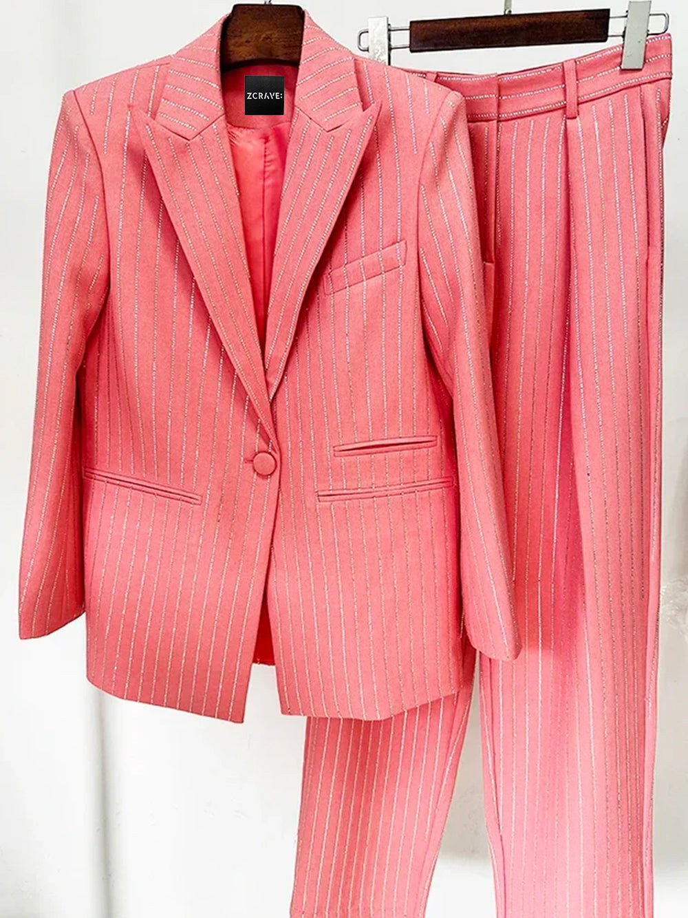 Pink Peak Lapel Rhinestone Pinstripe Oversized Blazer And Pants Set 12