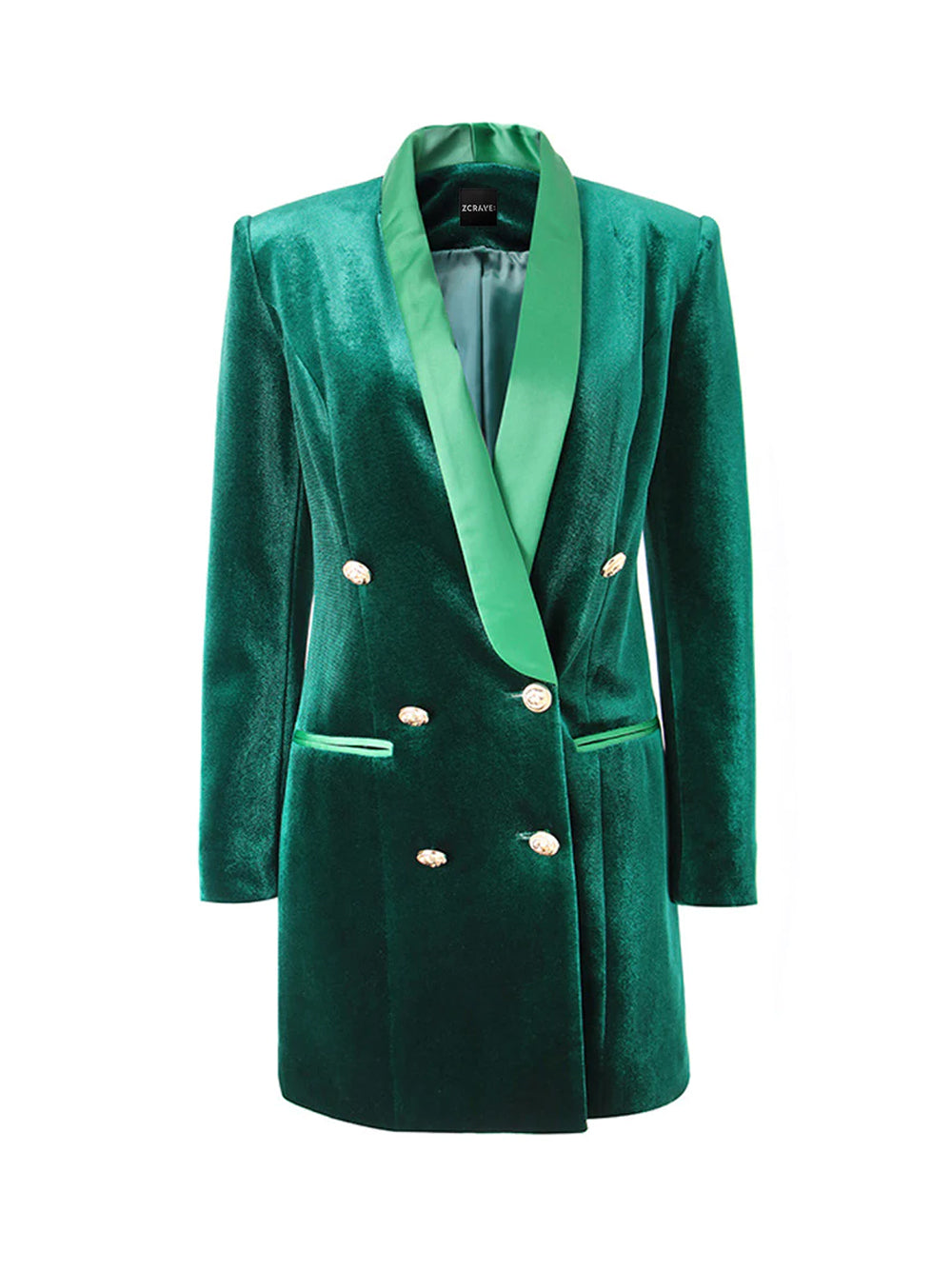 Dark Green Shawl Lapel Velvet Double Breasted Gold Button Blazer Dress
