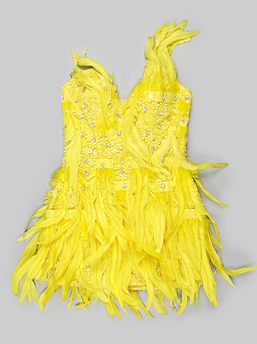 Yellow V-Neck Rhinestone Feather Embellished Bodycon Mini Dress