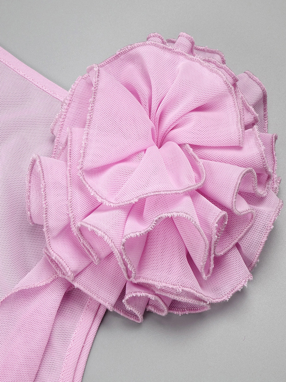 Pink Boat Neck Floral Applique Mesh Asymmetric Ruffle Bodycon Mini Dress 7