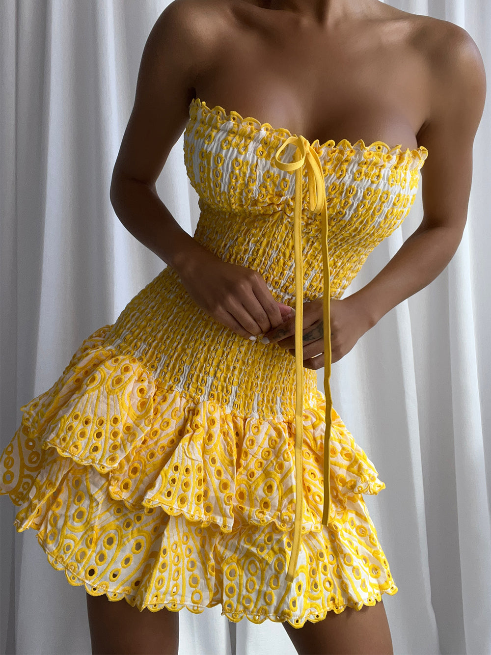 Yellow Strapless Eyelet Shirred Tiered Ruffle Bodycon Mini Dress