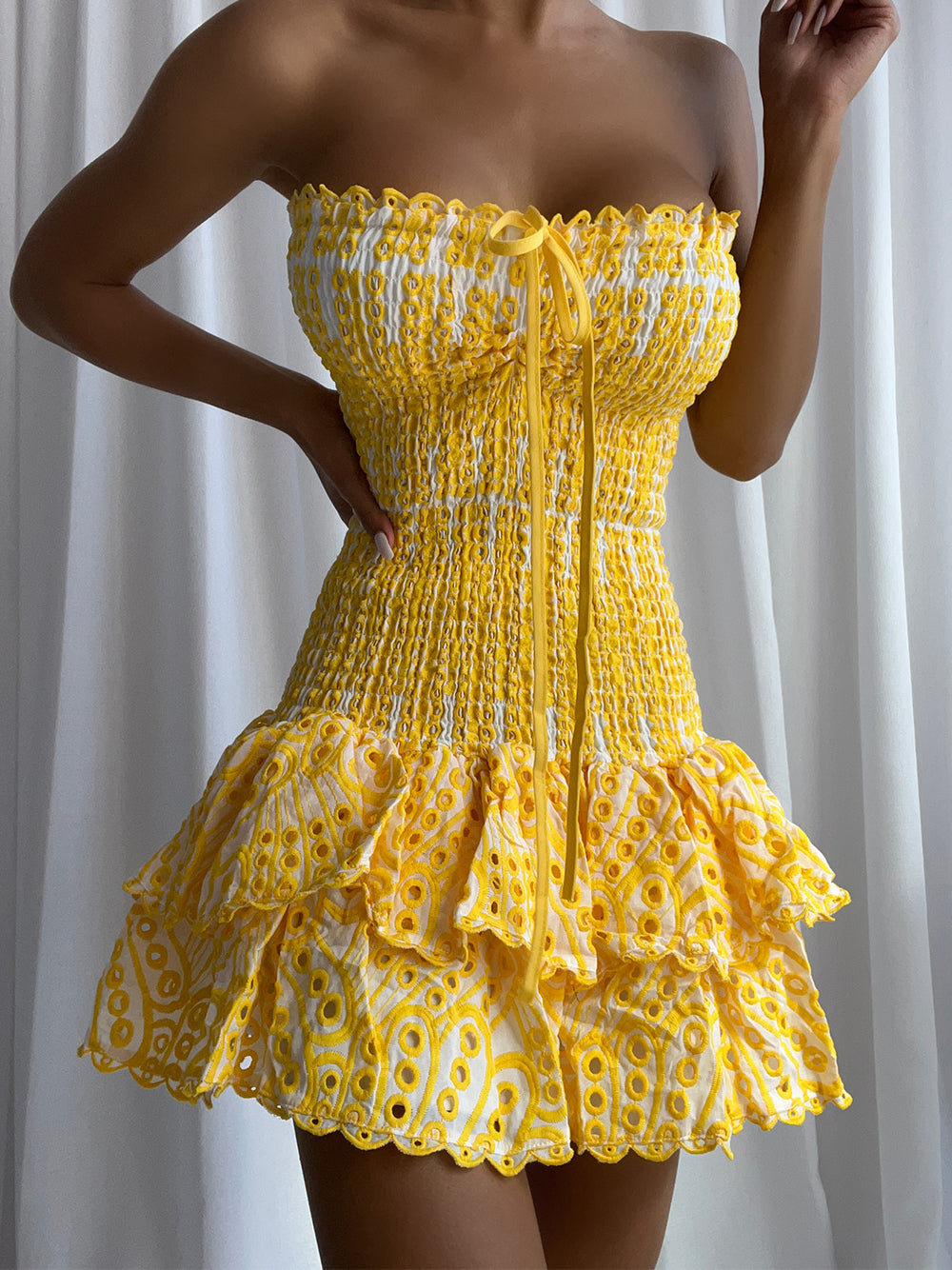 Yellow Strapless Eyelet Shirred Tiered Ruffle Bodycon Mini Dress