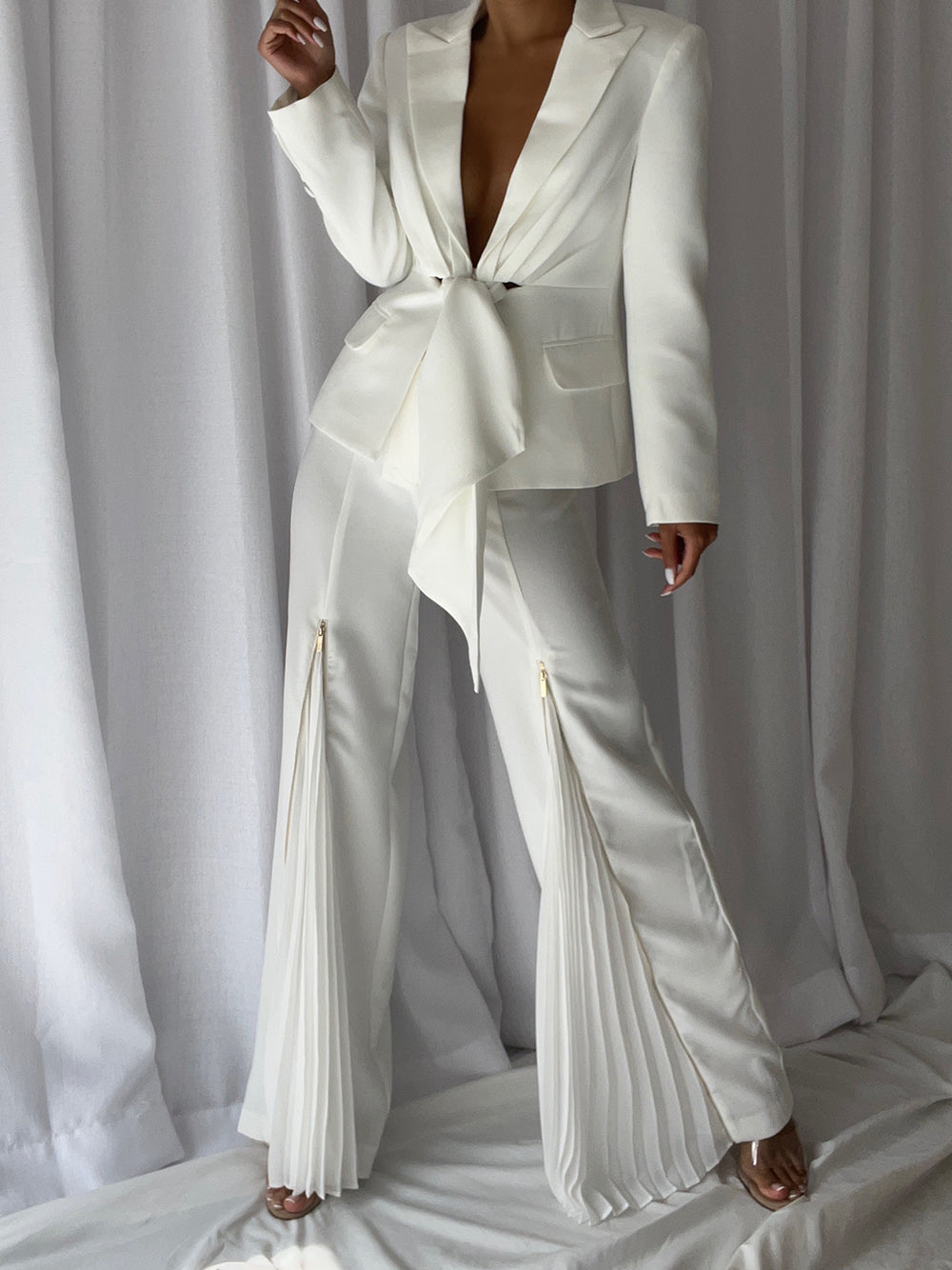 White Peak Lapel Tie Front Blazer Pleated Flared Pants Set