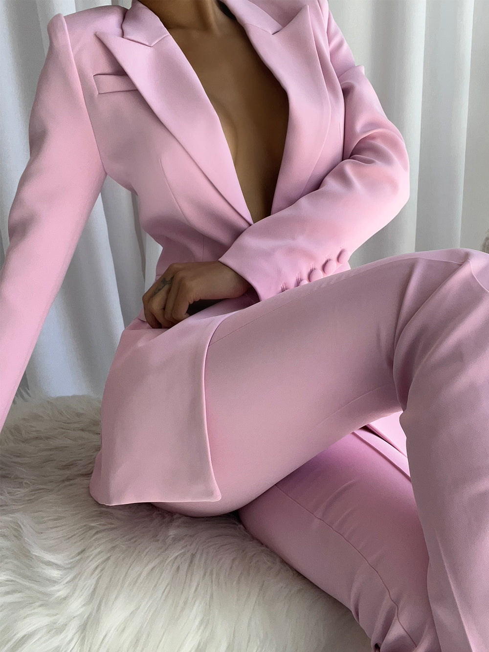 Sakura Pink Peak Lapel Single Button Blazer and Trousers Set 4