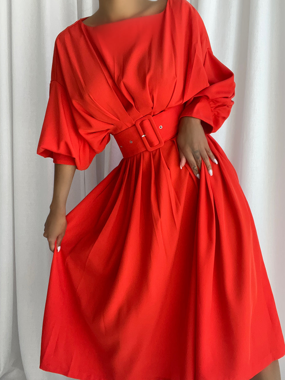 Red Round Neck Batwing Sleeve Belted Pleated A-Line Midi Dress 2