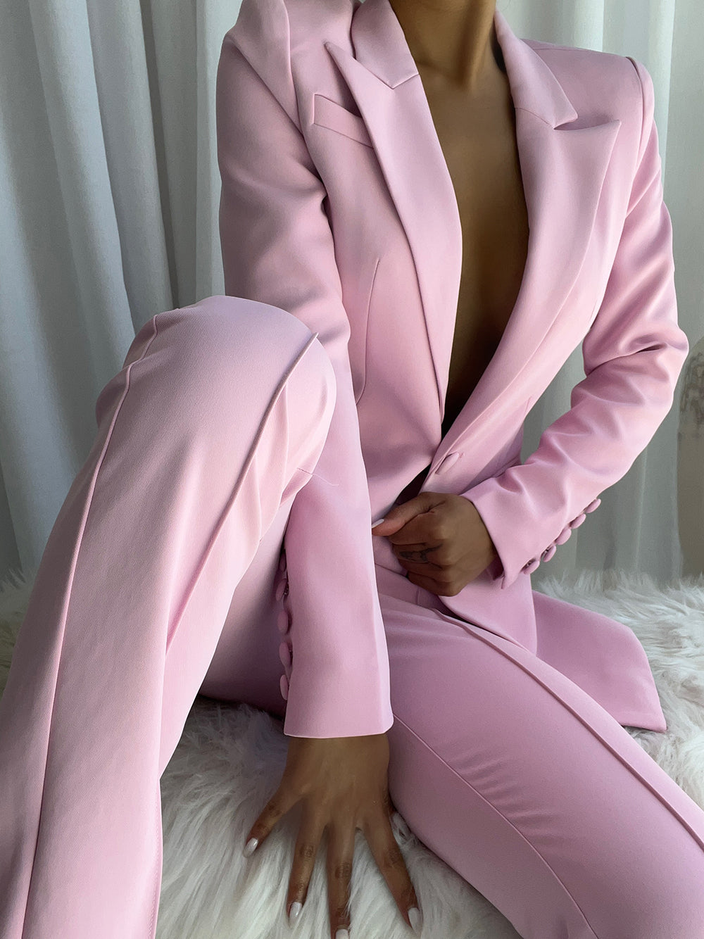 Sakura Pink Peak Lapel Single Button Blazer and Trousers Set 2