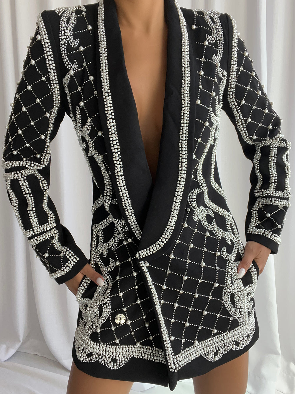 Black Shawl Lapel Pearl Beaded Rhinestone Long Sleeve Blazer Mini Dress