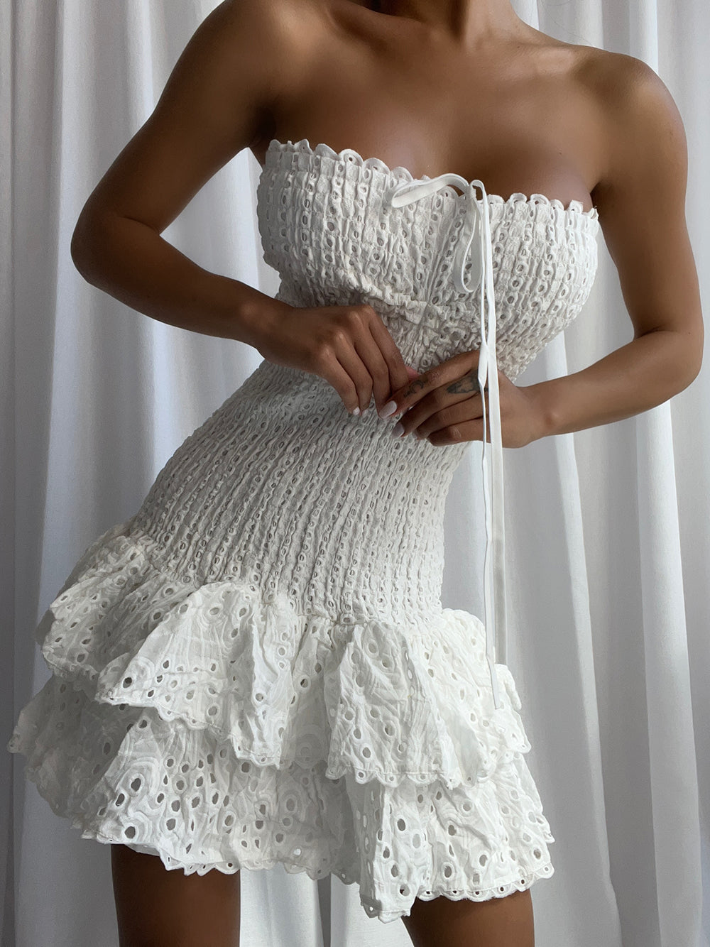 White Strapless Eyelet Shirred Tie Front Ruffle Mini Dress